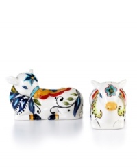 Fresh from the farm. Irresistibly charming, these cow-shaped salt and pepper shakers feature bold Bocca florals in easy-care earthenware from Tabletops Unlimited.