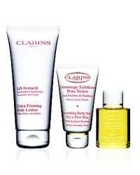 Join the firm! Receive FREE Deluxe Travel-Sizes of Smoothing Body Scrub and Body Treatment Oil with your Body Solutions purchase. Extra-Firming Body Lotion: Helps firms, tone and restore youthful-looking contours to body skin effected by aging, weight fluctuations and pregnancy. Full-Size Smoothing Body Scrub: Casts-off rough, flaky surface cells and impurities, giving body skin a sleek new start. Soothes with a delicate veil of skin-loving moisture. Deluxe Travel-Size Tonic Body Treatment Oil: Clarins' top-selling body oil-with 100% pure plant extracts-helps firm, tone and improve elasticity, improving the appearance of stretch marks. Preservative-free. Join the firm! Receive FREE Deluxe Travel-Sizes of Smoothing Body Scrub and Body Treatment Oil with your Body Solutions purchase. Extra-Firming Body Lotion: Helps firms, tone and restore youthful-looking contours to body skin effected by aging, weight fluctuations and pregnancy. Full-Size Smoothing Body Scrub: Casts-off rough, flaky surface cells and impurities, giving body skin a sleek new start. Soothes with a delicate veil of skin-loving moisture. Deluxe Travel-Size Tonic Body Treatment Oil: Clarins' top-selling body oil-with 100% pure plant extracts-helps firm, tone and improve elasticity, improving the appearance of stretch marks. Preservative-free.