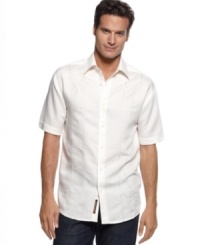 Dress up your everyday whites with this embroidered linen-blend shirt from Cubavera. Dress up your everyday whites with this embroidered linen-blend shirt from Cubavera.