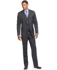 Sleek and sophisticated, this smooth three-piece suit from Alfani RED makes a great addition to any guy's wardrobe. Sleek and sophisticated, this smooth three-piece suit from Alfani RED makes a great addition to any guy's wardrobe.