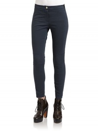 THE LOOKNarrow elastic waistband with belt loopsFront zip and button closureTopstitching detailsSelf knee-patch with topstitchingSkinny legBack mock pocketsTHE FITRise, about 11Inseam, about 26THE MATERIALCotton/rayon/polyurethaneCARE & ORIGINDry cleanImportedModel shown is 5'10 (177cm) wearing US size 4. THE LOOKNarrow elastic waistband with belt loopsFront zip and button closureTopstitching detailsSelf knee-patch with topstitchingSkinny legBack mock pocketsTHE FITRise, about 11Inseam, about 26THE MATERIALCotton/rayon/polyurethaneCARE & ORIGINDry cleanImportedModel shown is 5'10 (177cm) wearing US size 4.