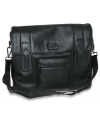 Fashionable and functional messenger bag by Dopp with leather trim pockets and gunmetal hardware. Fashionable and functional messenger bag by Dopp with leather trim pockets and gunmetal hardware.