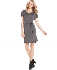A notched hem with button details add edge to this Kensie sweater dress for an on-trend transitional look!