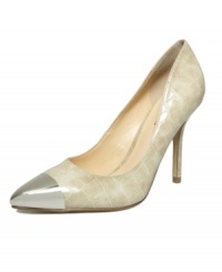 Make a point this season with the Myrick pumps from GUESS. A classic pump silhouette gets a chic makeover with a sleek finish and edgy cap toe. Make a point this season with the Myrick pumps from GUESS. A classic pump silhouette gets a chic makeover with a sleek finish and edgy cap toe.