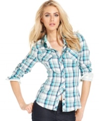 Inspired by the boys, but this GUESS? shirt is tailored just for you. A bright plaid print and pearlized snap-button closures make this a stylish statement for any day of the week. Inspired by the boys, but this GUESS? shirt is tailored just for you. A bright plaid print and pearlized snap-button closures make this a stylish statement for any day of the week.