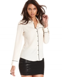 Contrast piped trim moves this GUESS blouse from a staple to stylish territory -- perfect for an on-trend office look! Contrast piped trim moves this GUESS blouse from a staple to stylish territory -- perfect for an on-trend office look!