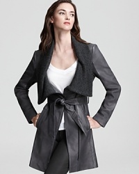 Work retro-cool style in a luxe leather Elie Tahari trend with soft knit shawl collar. Fall-ready for day or night, this fabulous layer is a stellar acquisition piece. Work retro-cool style in a luxe leather Elie Tahari trend with soft knit shawl collar. Fall-ready for day or night, this fabulous layer is a stellar acquisition piece.