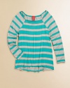 She'll go for the gold in this striped pullover with metallic detail and raglan sleeves.BoatneckLong raglan sleevesPullover styleSlight hi-lo hemRayon/Lurex/SpandexMachine washImported