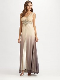 Delicate beading and a sublt ombre overlay define this elegant design.V necklineSleevelessPleated bustBeaded embroideryFront slit overlayV backConcealed side zipFully linedAbout 65 from shoulder to hemSilkSpot cleanImportedModel shown is 5'11 (180cm) wearing US size 4. Delicate beading and a sublt ombre overlay define this elegant design.V necklineSleevelessPleated bustBeaded embroideryFront slit overlayV backConcealed side zipFully linedAbout 65 from shoulder to hemSilkSpot cleanImportedModel shown is 5'11 (180cm) wearing US size 4.