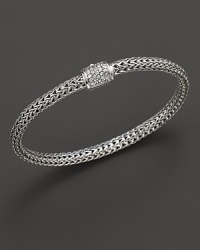 Extra small sterling woven chain bracelet with carved chain diamond pave clasp, designed by John Hardy. Extra small sterling woven chain bracelet with carved chain diamond pave clasp, designed by John Hardy.