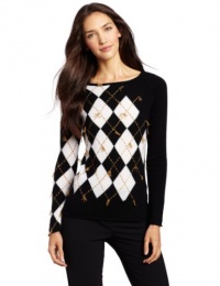 Minnie Rose Women's 100% Cashmere Long Sleeve Argyle Pullover, Black/White, Small Minnie Rose Women's 100% Cashmere Long Sleeve Argyle Pullover, Black/White, Small