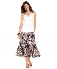 A bold print on crinkled fabric creates a summery skirt from Jones New York Signature. The midi length is perfect for highlighting statement sandals, too! A bold print on crinkled fabric creates a summery skirt from Jones New York Signature. The midi length is perfect for highlighting statement sandals, too!