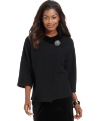 Velvet trim and rhinestone embellishment at the neckline elevate JM Collection's chic topper. Pair it with the matching skirt for a festive ensemble. Velvet trim and rhinestone embellishment at the neckline elevate JM Collection's chic topper. Pair it with the matching skirt for a festive ensemble.