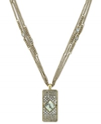 String together the perfect look with this multi-chain necklace from Jessica Simpson. A rectangular pendant is embellished with pave crystal accents. Finished with a lobster clasp closure. Crafted in antiqued gold tone mixed metal. Approximate length: 18 inches. Approximate drop: 1-3/4 inches. String together the perfect look with this multi-chain necklace from Jessica Simpson. A rectangular pendant is embellished with pave crystal accents. Finished with a lobster clasp closure. Crafted in antiqued gold tone mixed metal. Approximate length: 18 inches. Approximate drop: 1-3/4 inches.