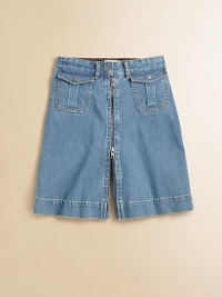 With a cute double-zip front, this adorable denim piece goes from skirt to capris with ease.Front buttonWaistband with belt loopsFront zipFront patch pockets with button flapsBack patch pockets with zippersKnee-length98% cotton/2% elastaneMachine washImported With a cute double-zip front, this adorable denim piece goes from skirt to capris with ease.Front buttonWaistband with belt loopsFront zipFront patch pockets with button flapsBack patch pockets with zippersKnee-length98% cotton/2% elastaneMachine washImported