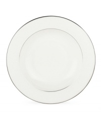 Beautiful and bridal-inspired, this classic white bowl is richly textured with a delicate floral motif and raised, beaded accents. Finished with a band of polished platinum. Beautiful and bridal-inspired, this classic white bowl is richly textured with a delicate floral motif and raised, beaded accents. Finished with a band of polished platinum.