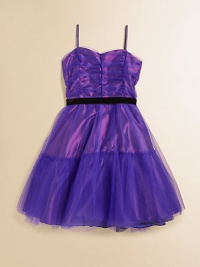 She'll be a heartbreaker in this gorgeous tulle party dress with ruched-detail bodice and twirly full skirt.Sweetheart necklineSpaghetti strapsRuched bodiceVelvet waist sashBack zipperFull skirtAbove the knee lengthFully linedPolyester over nylonDry cleanMade in USA of imported fabricAdditional InformationKid's Apparel Size Guide She'll be a heartbreaker in this gorgeous tulle party dress with ruched-detail bodice and twirly full skirt.Sweetheart necklineSpaghetti strapsRuched bodiceVelvet waist sashBack zipperFull skirtAbove the knee lengthFully linedPolyester over nylonDry cleanMade in USA of imported fabricAdditional InformationKid's Apparel Size Guide