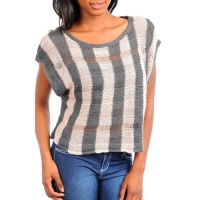 Gray & Pale Pink Vertical Striped Short Sleeve Knit Sweater Top Gray & Pale Pink Vertical Striped Short Sleeve Knit Sweater Top