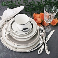 This pattern is named for the intriguing scroll design of anceint Celtic time pieces, and like its inspiration, this pattern features an artistically etched platinum design on white bone china.
