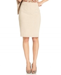 With a summery-chic fabrication, Calvin Klein reinterprets the classic pencil skirt for the months ahead--a versatile piece you'll mix and match for seasons to come! With a summery-chic fabrication, Calvin Klein reinterprets the classic pencil skirt for the months ahead--a versatile piece you'll mix and match for seasons to come!