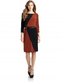 THE LOOKRoundneckTwo-tone colorblock designThree-quarter length sleevesElastic waistContrast belt with buckleTHE FITAbout 35 from shoulder to hemTHE MATERIALPolyester/spandexCARE & ORIGINDry cleanImportedModel shown is 5'9 (175cm) wearing US size 4. THE LOOKRoundneckTwo-tone colorblock designThree-quarter length sleevesElastic waistContrast belt with buckleTHE FITAbout 35 from shoulder to hemTHE MATERIALPolyester/spandexCARE & ORIGINDry cleanImportedModel shown is 5'9 (175cm) wearing US size 4.
