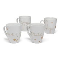 Perfect for presenting holiday treats and hors d'oeuvres, this durable porcelain serveware collection from Paper Products Design features glittering accents in gold, platinum and pearl bronze for a festive, celebratory feel. Each mug is detailed with the word Peace, Hope, Joy or Merry. Perfect for presenting holiday treats and hors d'oeuvres, this durable porcelain serveware collection from Paper Products Design features glittering accents in gold, platinum and pearl bronze for a festive, celebratory feel. Each mug is detailed with the word Peace, Hope, Joy or Merry.