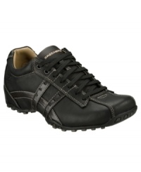 Contrast stitching and smooth leather panels team up to toughen up these rugged bike toe Skechers, the perfect men's sneakers for your out of office wardrobe. Contrast stitching and smooth leather panels team up to toughen up these rugged bike toe Skechers, the perfect men's sneakers for your out of office wardrobe.