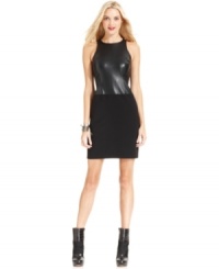 Faux leather and stretchy knit come together in this fashion-forward sheath dress from DKNY Jeans. Faux leather and stretchy knit come together in this fashion-forward sheath dress from DKNY Jeans.