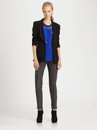 The single-button blazer, sleekly tailored for a long, lean fit.Shawl collarButton closureBodice seamsWelt & patch pocketsAbout 26 from shoulder to hemPolyesterDry cleanMade in USA of imported fabricModel shown is 5'9 (175cm) wearing US size 4. The single-button blazer, sleekly tailored for a long, lean fit.Shawl collarButton closureBodice seamsWelt & patch pocketsAbout 26 from shoulder to hemPolyesterDry cleanMade in USA of imported fabricModel shown is 5'9 (175cm) wearing US size 4.