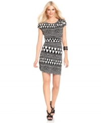 Designed in a sophisticated black and white palette, a slinky dress from Vince Camuto takes a contemporary turn with an allover graphic print. Strappy heels effortlessly transition the look from work to weekend. Designed in a sophisticated black and white palette, a slinky dress from Vince Camuto takes a contemporary turn with an allover graphic print. Strappy heels effortlessly transition the look from work to weekend.