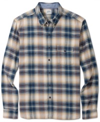 Classic plaid pairs with a slim fit giving this Lucky Brand Jeans shirt its modern and manly look. Classic plaid pairs with a slim fit giving this Lucky Brand Jeans shirt its modern and manly look.