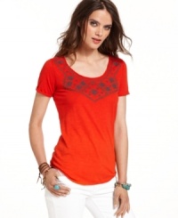 Needlepoint embroidery adds handcrafted appeal to this soft cotton top from Lucky Brand Jeans. Pair it with white jeans and earthy accessories for a boho-chic look! Needlepoint embroidery adds handcrafted appeal to this soft cotton top from Lucky Brand Jeans. Pair it with white jeans and earthy accessories for a boho-chic look!
