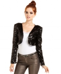 Add instant glamour to your look with this chic bolero jacket from Sugar & Spice! Pair it with a cute top and jeggings for the ultimate party outfit. Add instant glamour to your look with this chic bolero jacket from Sugar & Spice! Pair it with a cute top and jeggings for the ultimate party outfit.