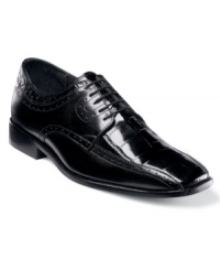 Classic leather and printed panels team up to make these sleek bike toe oxfords the perfect pairing of timeless polish and modern edge. This is one pair of men's dress shoes that will differentiate you from the crowd. Classic leather and printed panels team up to make these sleek bike toe oxfords the perfect pairing of timeless polish and modern edge. This is one pair of men's dress shoes that will differentiate you from the crowd.
