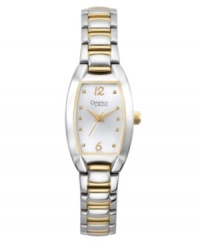 Inspired by classic design, this watch by Caravelle by Bulova exudes captures timelessness. Two-tone mixed metal bracelet and tonneau case. Silver tone sunray dial features gold tone dot markers, numerals at twelve and six o'clock, gold tone hour and minute hands, sweeping second hand and logo. Quartz movement. Water resistant to 30 meters. Two-year limited warranty. Inspired by classic design, this watch by Caravelle by Bulova exudes captures timelessness. Two-tone mixed metal bracelet and tonneau case. Silver tone sunray dial features gold tone dot markers, numerals at twelve and six o'clock, gold tone hour and minute hands, sweeping second hand and logo. Quartz movement. Water resistant to 30 meters. Two-year limited warranty.