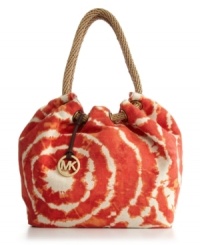 Add a splash of fun to your designer handbag collection with this tie dye design from MICHAEL Michael Kors. This warm weather style features an all-over print, glossy gold-tone hardware and easy-going rope handles. Add a splash of fun to your designer handbag collection with this tie dye design from MICHAEL Michael Kors. This warm weather style features an all-over print, glossy gold-tone hardware and easy-going rope handles.