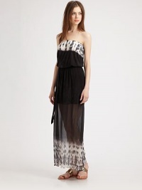 Strapless maxi dress has a strategically placed tie-dyed print, semi-sheer skirt and silk trim. StraplessElasticized drop waistSemi-sheer hemAbout 42 from natural waist96% modal/4% spandex with silk trimDry cleanMade in USA of imported fabricModel shown is 5'10 (177cm) wearing US size Small. Strapless maxi dress has a strategically placed tie-dyed print, semi-sheer skirt and silk trim. StraplessElasticized drop waistSemi-sheer hemAbout 42 from natural waist96% modal/4% spandex with silk trimDry cleanMade in USA of imported fabricModel shown is 5'10 (177cm) wearing US size Small.