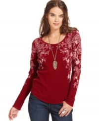 Paisley print adds a pop of pattern to this Lucky Brand Jeans thermal top -- a stylish spin on a wardrobe staple! Paisley print adds a pop of pattern to this Lucky Brand Jeans thermal top -- a stylish spin on a wardrobe staple!