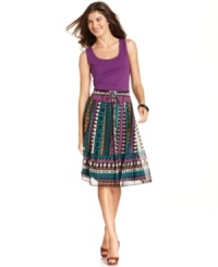 Give a lift to basic tees and tops with Ellen Tracy's printed A-line skirt. The swingy silhouette and bold print adds a summery touch to any day! Give a lift to basic tees and tops with Ellen Tracy's printed A-line skirt. The swingy silhouette and bold print adds a summery touch to any day!