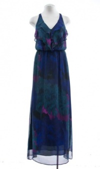 Aqua Luxe Navy Printed Silk Ruffle Front Maxi Dress X-Small Aqua Luxe Navy Printed Silk Ruffle Front Maxi Dress X-Small