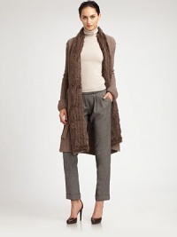 This long knit style is blended with a touch of soft cashmere, and trimmed in plush rabbit fur.Shawl collarLong sleeves with rolled cuffsTie beltRabbit fur trimAbout 39 from shoulder to hem95% wool/5% cashmereDry cleanMade in Italy of imported fabricFur origin: ChinaModel shown is 5'11 (180cm) wearing US size 4. This long knit style is blended with a touch of soft cashmere, and trimmed in plush rabbit fur.Shawl collarLong sleeves with rolled cuffsTie beltRabbit fur trimAbout 39 from shoulder to hem95% wool/5% cashmereDry cleanMade in Italy of imported fabricFur origin: ChinaModel shown is 5'11 (180cm) wearing US size 4.