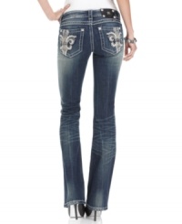 Add glam to your weekend wardrobe with these Miss Me bootcut jeans, featuring rhinestone and embroidered fleur de lis pockets! Add glam to your weekend wardrobe with these Miss Me bootcut jeans, featuring rhinestone and embroidered fleur de lis pockets!