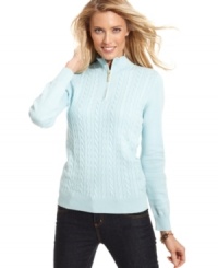 Karen Scott's cozy sweater is instantly elevated by cable-knit and a chic goldtone zipper closure. Karen Scott's cozy sweater is instantly elevated by cable-knit and a chic goldtone zipper closure.