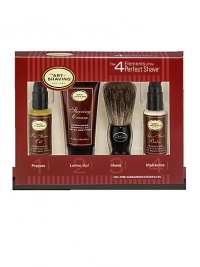 The 4 Elements of The Perfect Shave combine The Art of Shaving's high quality products, handcrafted accessories and expert shaving technique to provide optimal shaving results while helping against ingrown hairs, razor burn, and nicks and cuts. The Starter Kit offers one week's worth of essentials for a close and comfortable shave. Set includes: 0.5 oz. Pre-Shave Oil, 1 oz. Shaving Cream, 0.5 oz. After-Shave Balm and Trial Size Badger Shaving Brush. The 4 Elements of The Perfect Shave combine The Art of Shaving's high quality products, handcrafted accessories and expert shaving technique to provide optimal shaving results while helping against ingrown hairs, razor burn, and nicks and cuts. The Starter Kit offers one week's worth of essentials for a close and comfortable shave. Set includes: 0.5 oz. Pre-Shave Oil, 1 oz. Shaving Cream, 0.5 oz. After-Shave Balm and Trial Size Badger Shaving Brush.