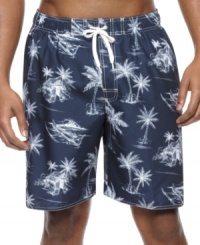 It doesn't matter what your roots are. If warm weather is your style you'll love these graphic print swim trunks from Newport Blue. It doesn't matter what your roots are. If warm weather is your style you'll love these graphic print swim trunks from Newport Blue.