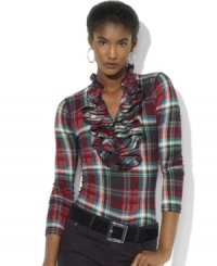 A ruffled placket lends a romantic flourish to Lauren Ralph Lauren's long-sleeved shirt, crafted in soft cotton jersey for easy style. A ruffled placket lends a romantic flourish to Lauren Ralph Lauren's long-sleeved shirt, crafted in soft cotton jersey for easy style.