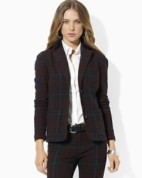 A soft corduroy stand collar and plaid cotton construction evoke the rustic feel of the countryside, while a feminine fit and embellished crest buttons refine this must-have blazer. A soft corduroy stand collar and plaid cotton construction evoke the rustic feel of the countryside, while a feminine fit and embellished crest buttons refine this must-have blazer.