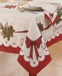 Accent the table in seasonal beauty with Homewear's Christmas Peace and Joy placemats. Red bows embellish holly damask for graceful – and in a machine washable blend – easy entertaining.