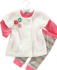 This season get her dolled up in knit and stripes with this adorable sweater, shirt and leggings set by First Impressions. This season get her dolled up in knit and stripes with this adorable sweater, shirt and leggings set by First Impressions.