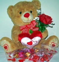 Large Sweetheart Brown Teddy Bear Plush Holding Red Rose, Baby's Breath, Red Heart Bouquet & Heart Pillow with Special Edition Milk & Dark Chocolate Godiva Truffles and Pink & Red Foil Hershey's Kisses Large Sweetheart Brown Teddy Bear Plush Holding Red Rose, Baby's Breath, Red Heart Bouquet & Heart Pillow with Special Edition Milk & Dark Chocolate Godiva Truffles and Pink & Red Foil Hershey's Kisses